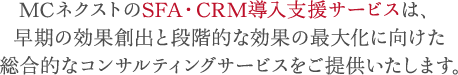 MCネクストのSFA・CRM導入支援サービスは、早期の効果創出と段階的な効果の最大化に向けた総合的なコンサルティングサービスをご提供いたします。