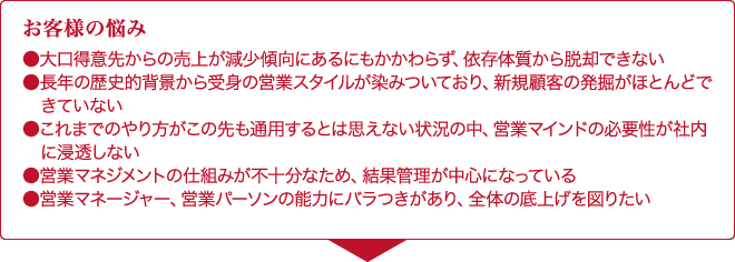 お客様の悩み●大口得意先からの売上が減少傾向にあるにもかかわらず、依存体質から脱却できない●長年の歴史的背景から受身の営業スタイルが染みついており、新規顧客の発掘がほとんどできていない●これまでのやり方がこの先も通用するとは思えない状況の中、営業マインドの必要性が社内に浸透しない●営業マネジメントの仕組みが不十分なため、結果管理が中心になっている●営業マネージャー、営業パーソンの能力にバラつきがあり、全体の底上げを図りたい