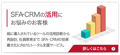 SFA・CRMの導入にお悩みのお客様:既に導入されているツールの活用診断から再設計、社員教育まで、SFA・CRMの効果最大化に向けたトータル支援サービス。